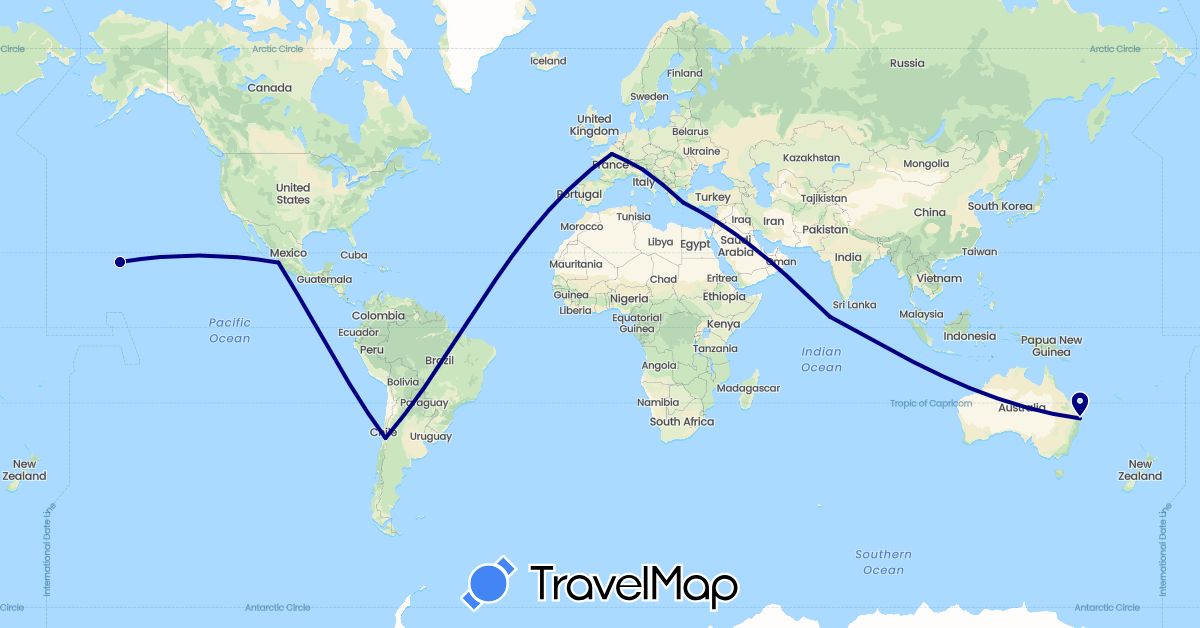 TravelMap itinerary: driving in Australia, Chile, France, Greece, Italy, Maldives, Mexico, United States (Asia, Europe, North America, Oceania, South America)